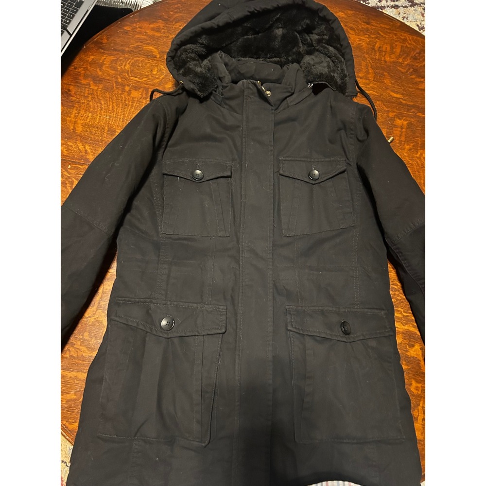 Wantdo Women's  Mountain Parka Jacket Black Faux Fur Lined Hooded Winter Coat L
